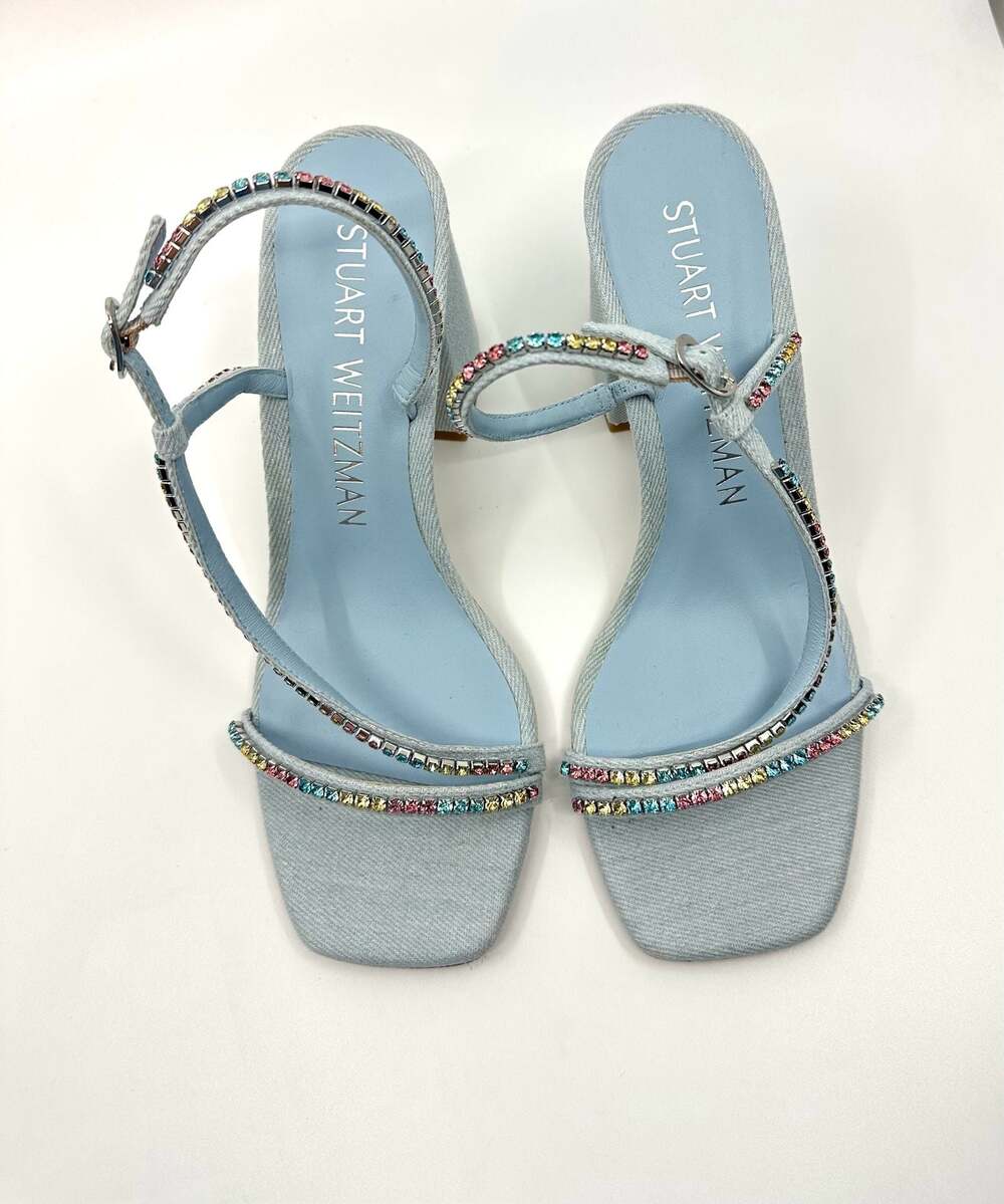 Stuart Weitzman Soiree Embellished Denim Ankle Strap Sandals Size 9.5B